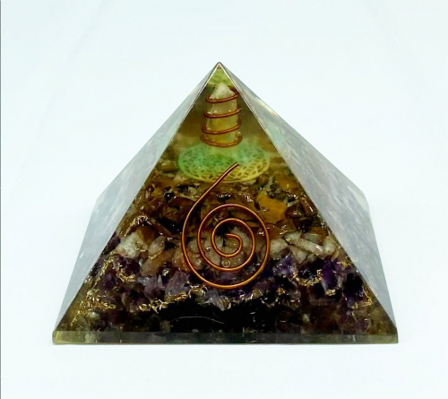 Tiger Crystal Amethyst w Crystal Point Orgonite Reiki Pyramid -2 Inch