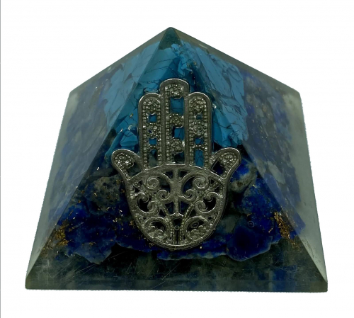 Blue Howlite Lapis Lazuli w Hamsa Symbol Orgonite Reiki Pyramid -2 Inch