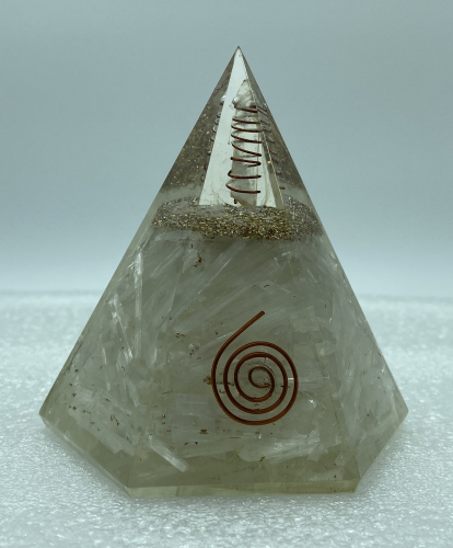 6 Faceted Selenite Reiki Orgonite Pyramid - 4 INCH