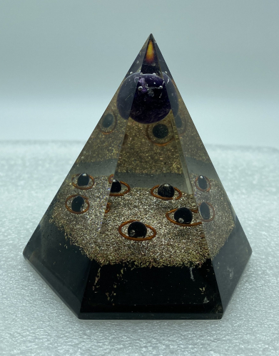 6 Faceted Black Tourmaline w Amethyst Sphere Reiki Orgonite Pyramid - 4 INCH