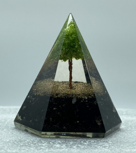 6 Faceted Black Tourmaline Green Onyx Tree Reiki Orgonite Pyramid - 4 INCH