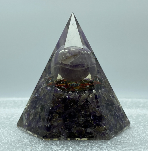 6 Faceted Amethyst w Sphere Reiki Orgonite Pyramid - 3 INCH