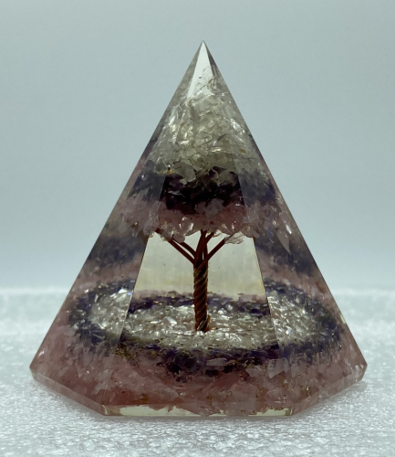 6 Faceted Rose Amethyst Crystal w Tree Reiki Orgonite Pyramid - 3 INCH