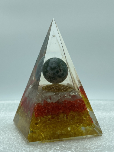 Nubian Citrine Calcite Selenite w Ball Reiki Orgonite Pyramid - 5 INCH