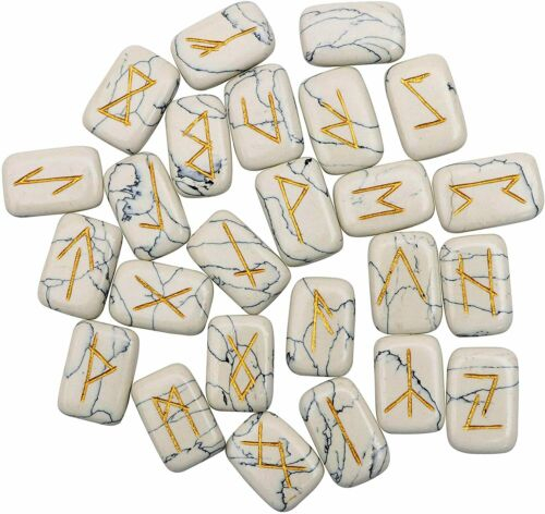 Howlite Rune Stone Set with Engraved Futhark Alphabet and Velvet Pouch