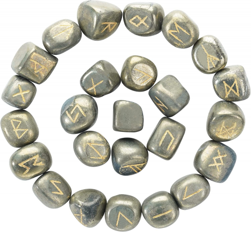 Pyrite Rune Stone Set with Engraved Futhark Alphabet and Velvet Pouch