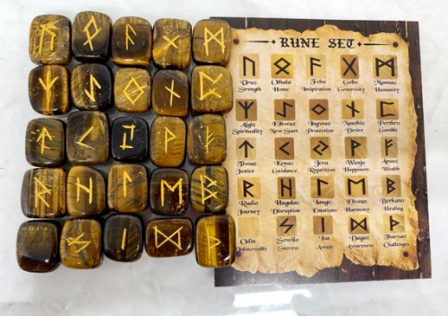Tiger Eye Rune Stone Set with Engraved Futhark Alphabet and Velvet Pouch