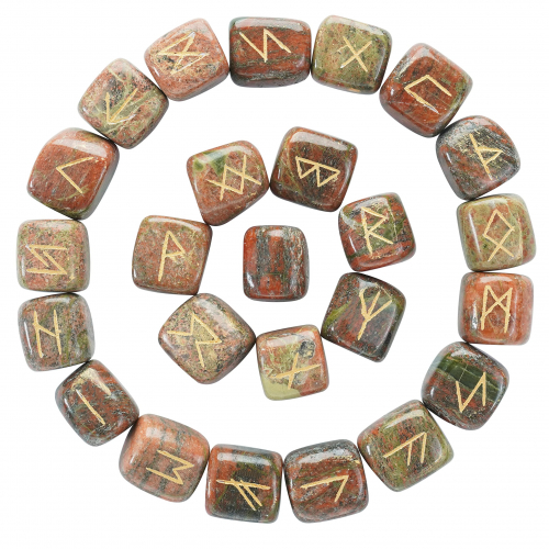 Unakite Rune Stone Set with Engraved Futhark Alphabet and Velvet Pouch