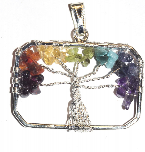 Multicolor Rectangle Crystal Wire Wrapped Chakra Tree of Life Pendant