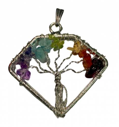 Multicolor Diamond Crystal Wire Wrapped Chakra Tree of Life Pendant