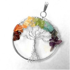Multicolor Round Crystal Wire Wrapped Chakra Tree of Life Pendant