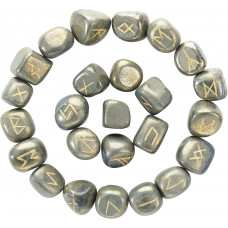 Pyrite Rune Stone Set with Engraved Futhark Alphabet and Velvet Pouch