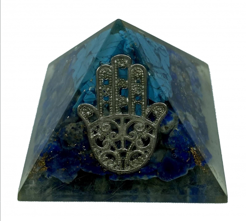 Blue Howlite Lapis Lazuli w Hamsa Symbol Orgonite Reiki Pyramid -3 INCH