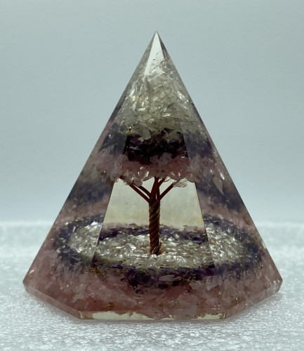 6 Faceted Rose Amethyst Crystal w Tree Reiki Orgonite Pyramid - 4 INCH