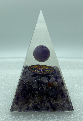 Nubian Amethyst w Sphere Reiki Orgonite Pyramid - 4 INCH