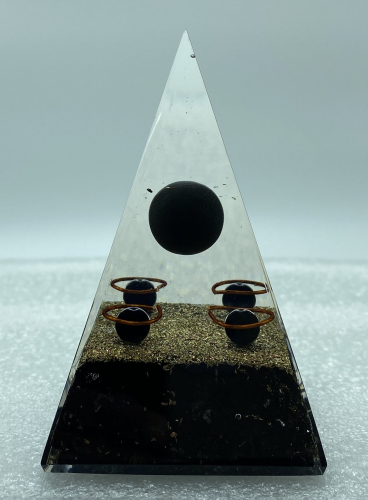 Nubian Black Tourmaline w Spheres Reiki Orgonite Pyramid - 4 INCH
