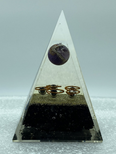 Nubian Black Tourmaline w Amethyst Sphere Reiki Orgonite Pyramid - 5 INCH