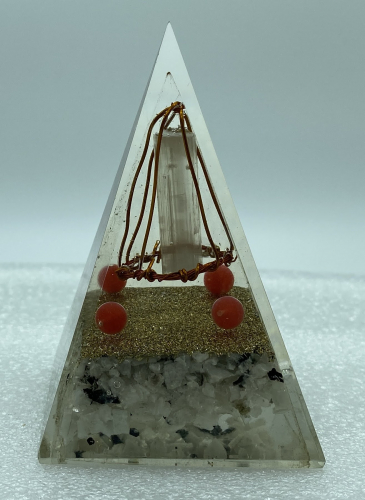 Nubian Rainbow Moonstone Selenite Stick Cage Reiki Orgonite Pyramid - 5 INCH