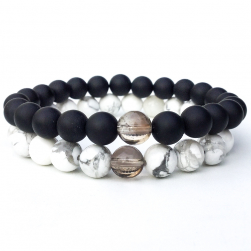 Black + Howlite Beads Bracelet Couple Pair 8 mm